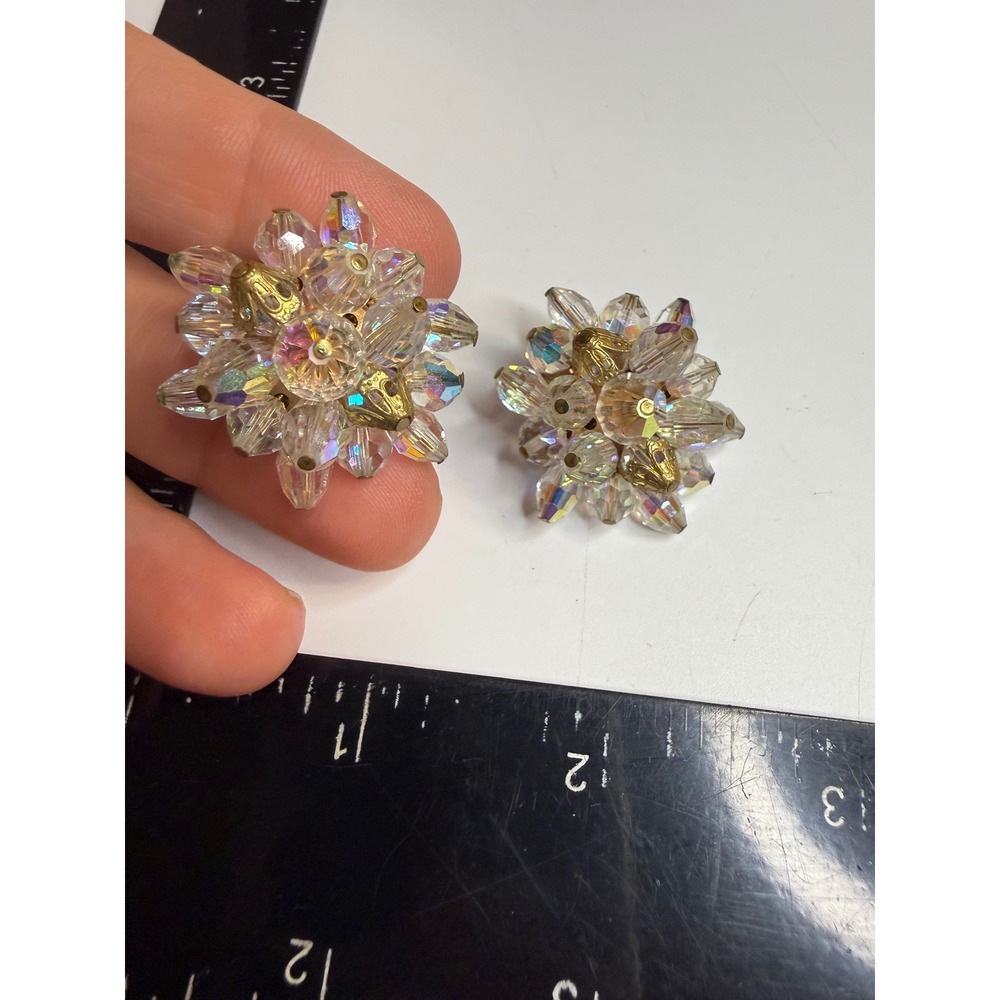 Vintage AB Aurora Borealis Crystal Cluster Clip On Earrings Gold Tone Iridescent